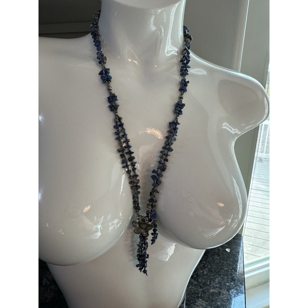 Lapis Lazuli Necklace Beaded Stone Floral Tassle Drop Necklace. Stunning 15"‎